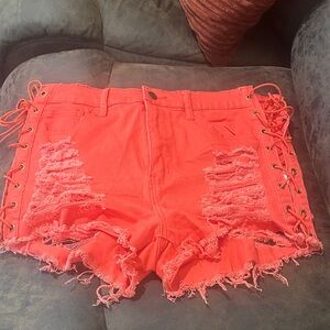 Fashion Nova Vibrant Coral Lace-Up Jean Shorts